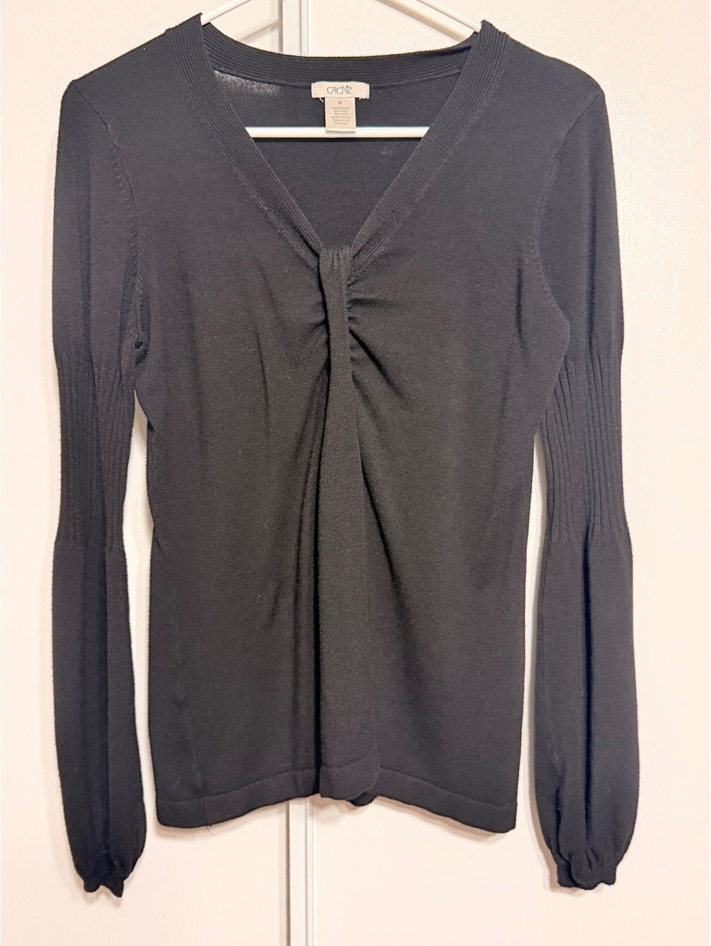 Cache Black Ruched V-Neck Long Sleeve Sweater Top Size Medium